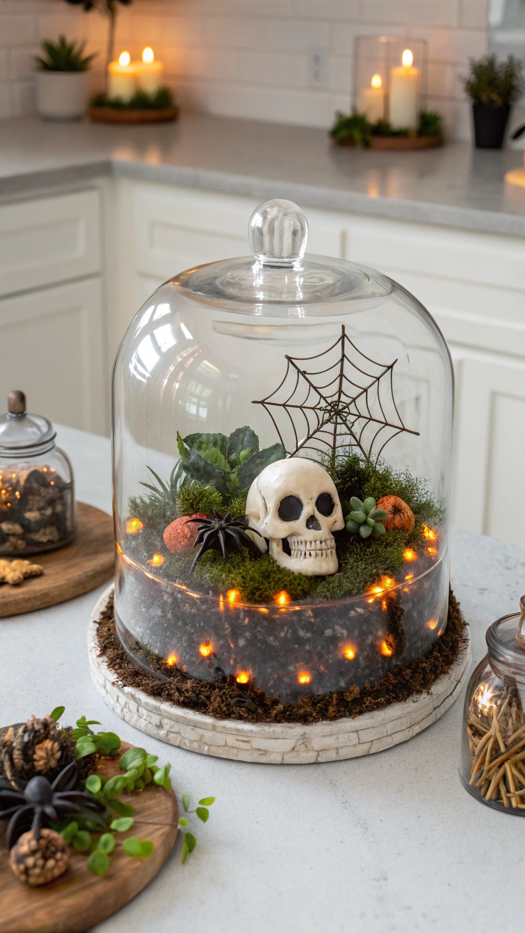 Spooky Halloween terrarium in an apothecary jar with moss twigs mini pumpkins and a skeleton on a wooden shelf in a kitchen