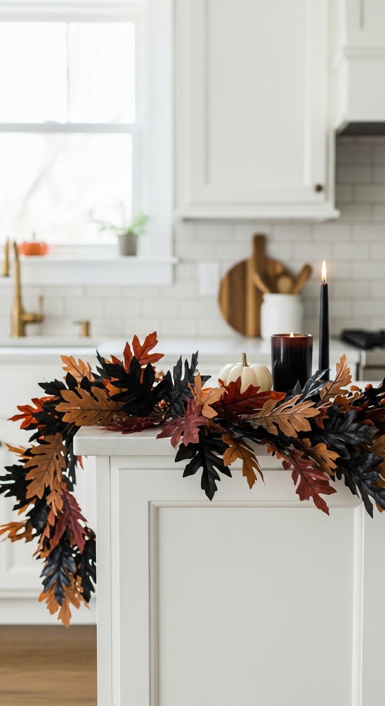 Spooky brown leaf Halloween garland draped on white kitchen cabinets with a white pumpkin and black candle