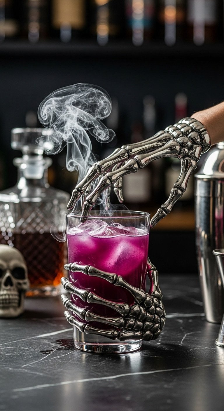 Spooky cocktail in skeleton hand glass