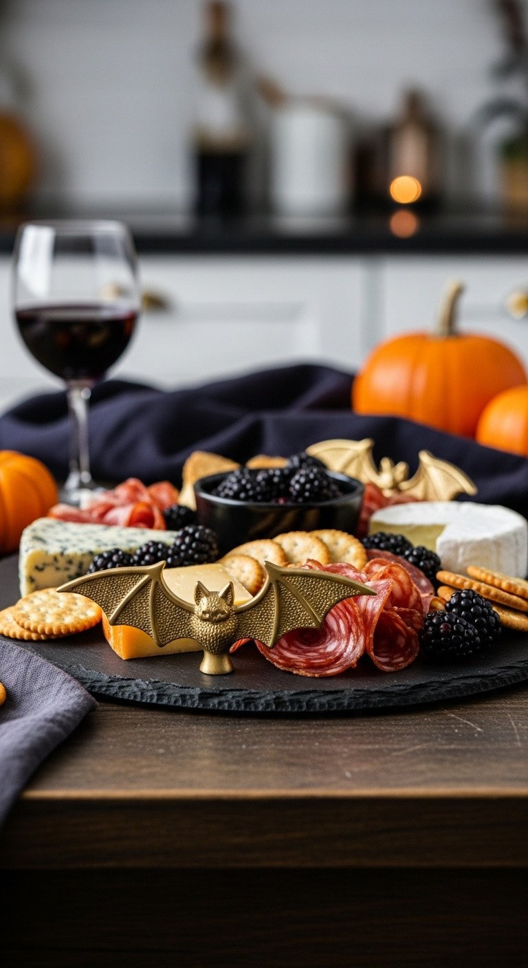 Spooky elegant Halloween charcuterie board with gold bat handles