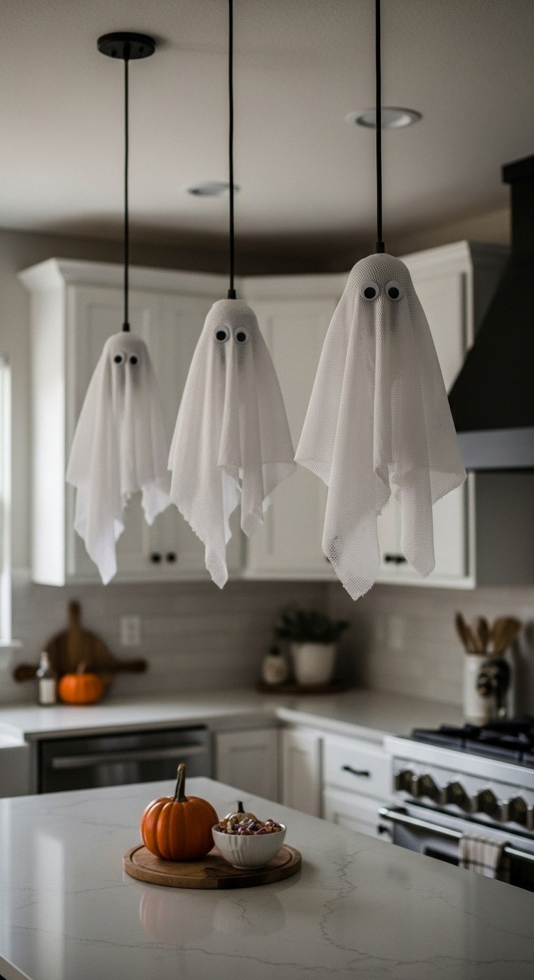 Spooky ghost pendant lights over a modern kitchen island with Halloween decor