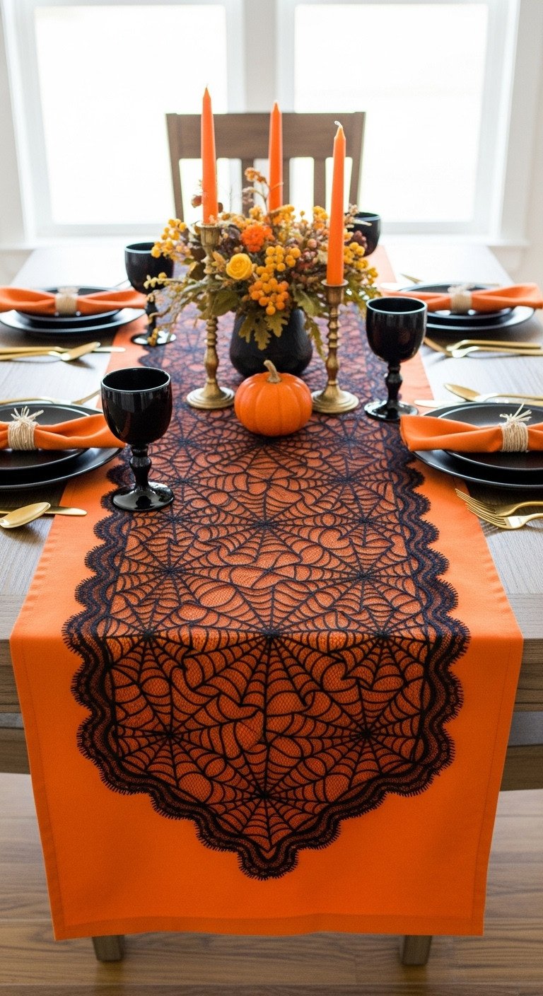 Spooky lace spiderweb tablecloth on dining table