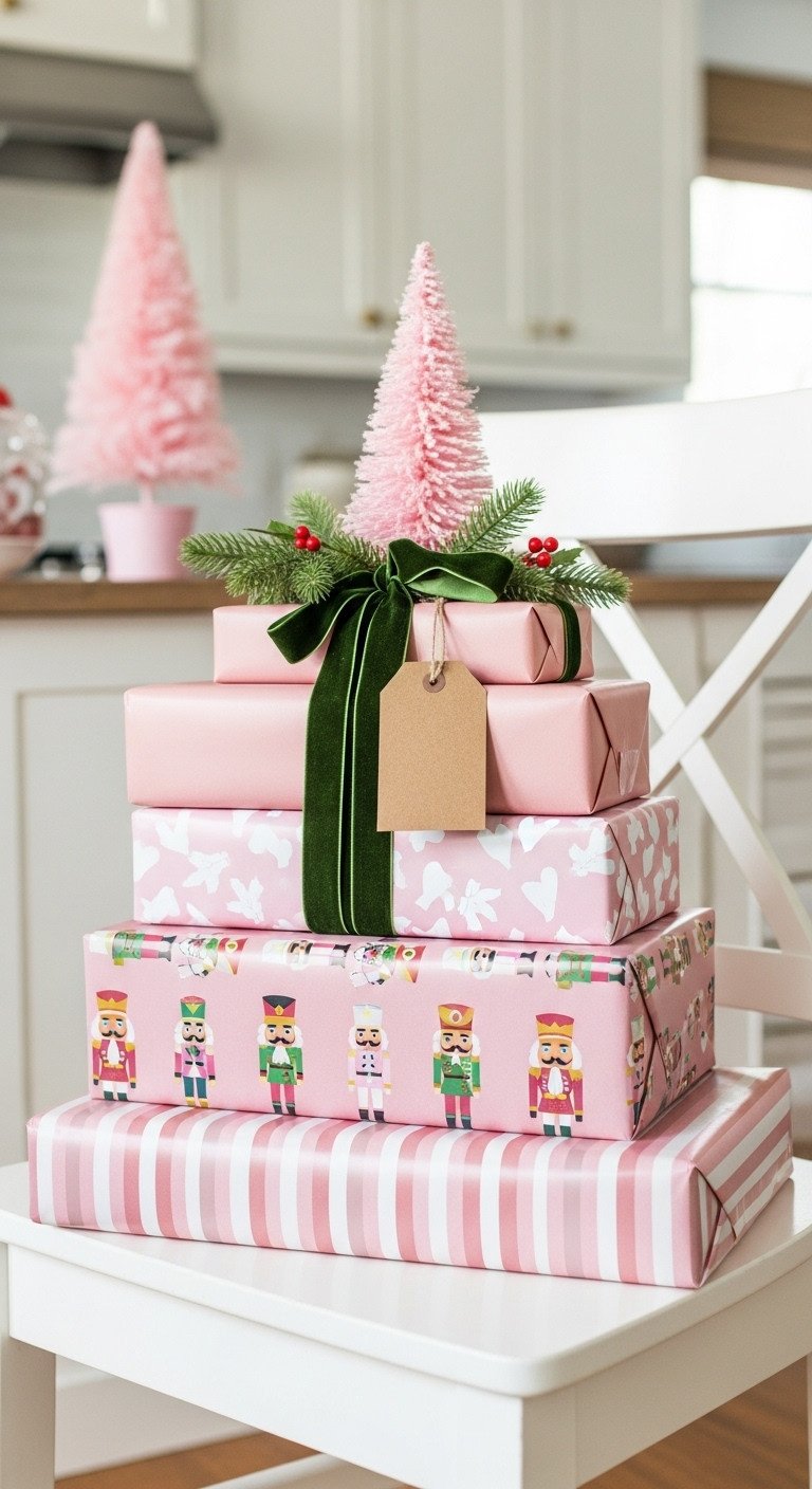 Stack of Christmas gifts wrapped in various pink papers on a white wooden kitchen chair