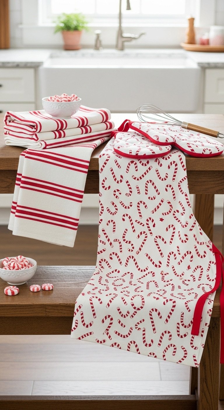 Stack of red/white striped candy cane dish towels, apron, and oven mitts on a rustic wooden bench; festive kitchen textiles.