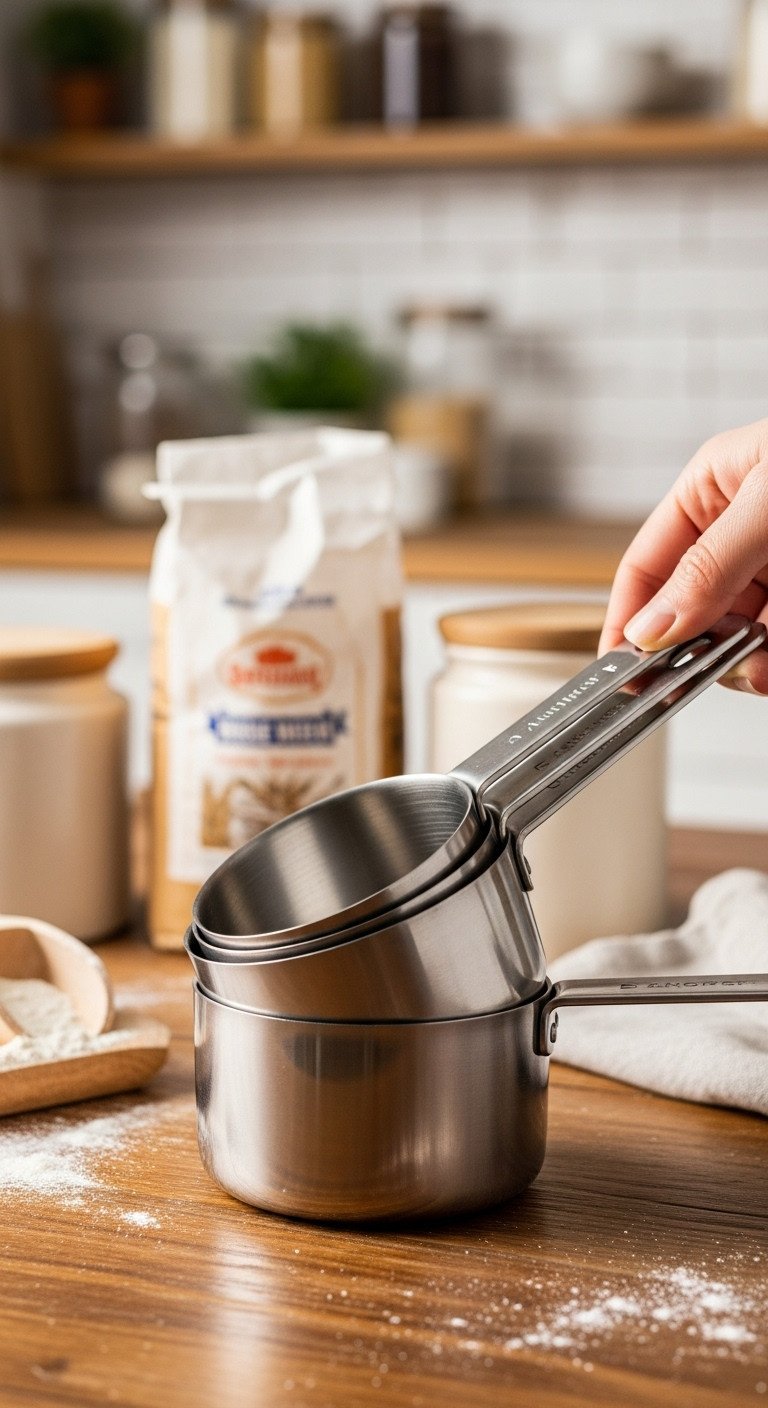 Stack of stainless steel measuring cups on a rustic wooden table with baking ingredients