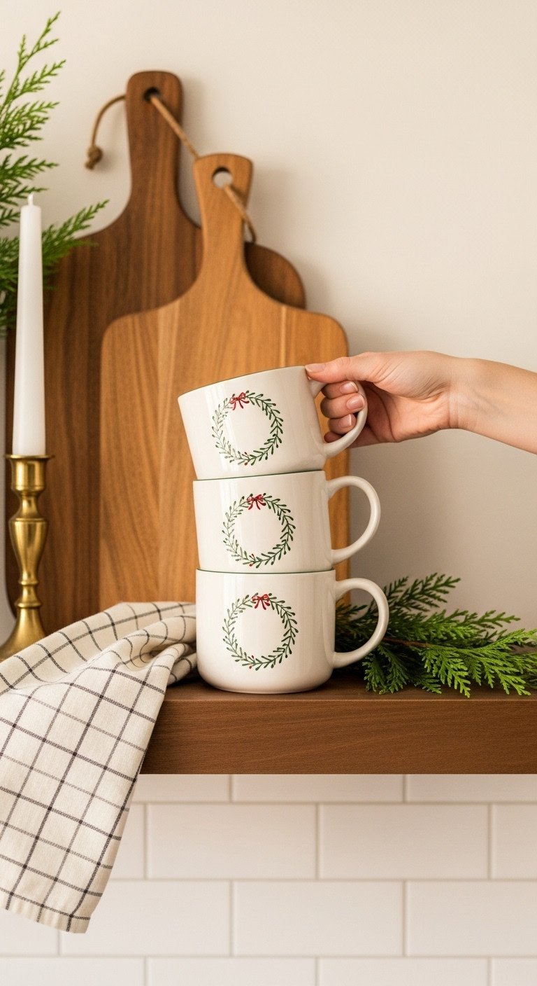 Beautiful Christmas Kitchen Shelves A Step By Step Guide 7 Stack of three white farmhouse Christmas mugs with green wreath design on wood kitchen shelf, with cedar greenery. Cozy holiday decor.