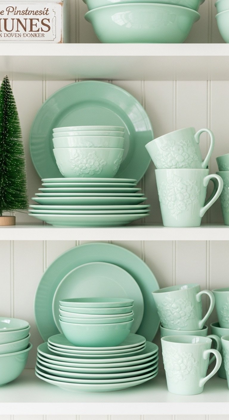 Stack of vintage jadeite plates and mugs on open kitchen shelving with a green bottle brush tree