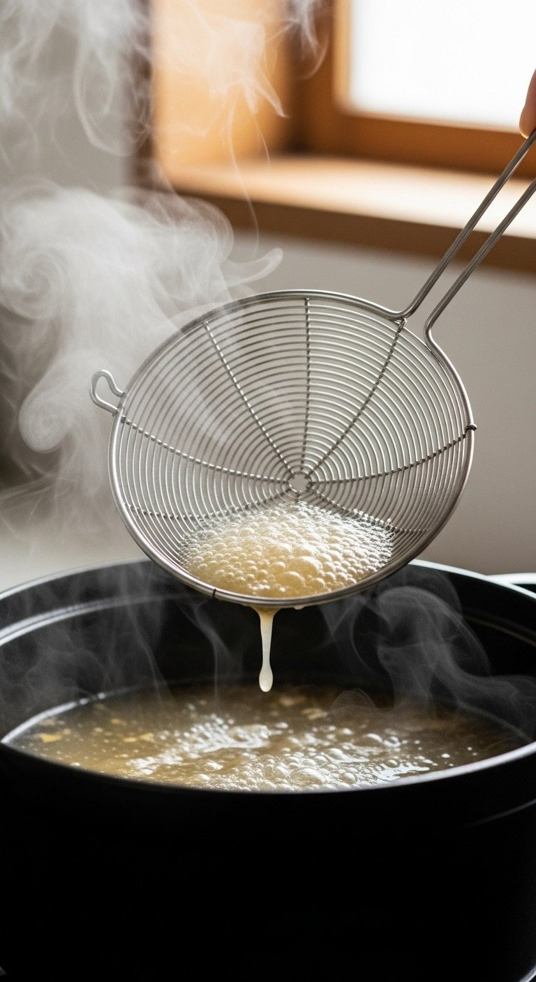 Stainless steel fine mesh skimmer lifting foam and impurities from simmering dashi broth in cast iron pot with steam