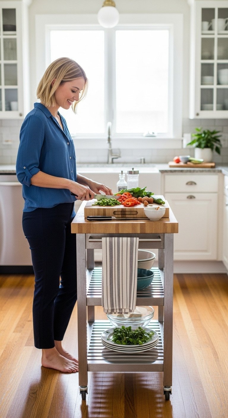 Stainless steel kitchen cart with butcher block top as a prep station, holding chopped vegetables on a cutting board.