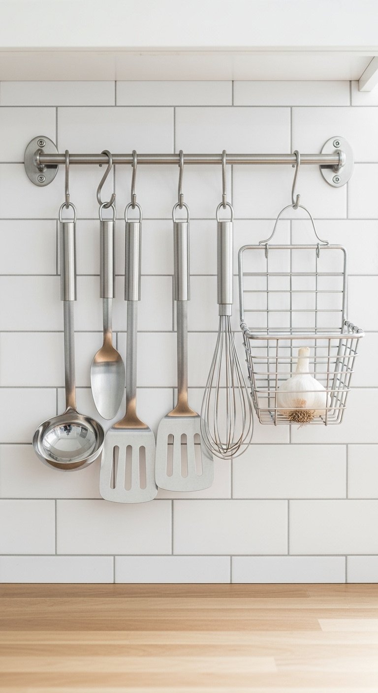 13 Genius Studio Apartment Kitchen Hacks That Save Space 12 Stainless steel kitchen utensil rail with S-hooks holding ladle, spatula, whisk, garlic on white subway tile. Organized home decor DIY.