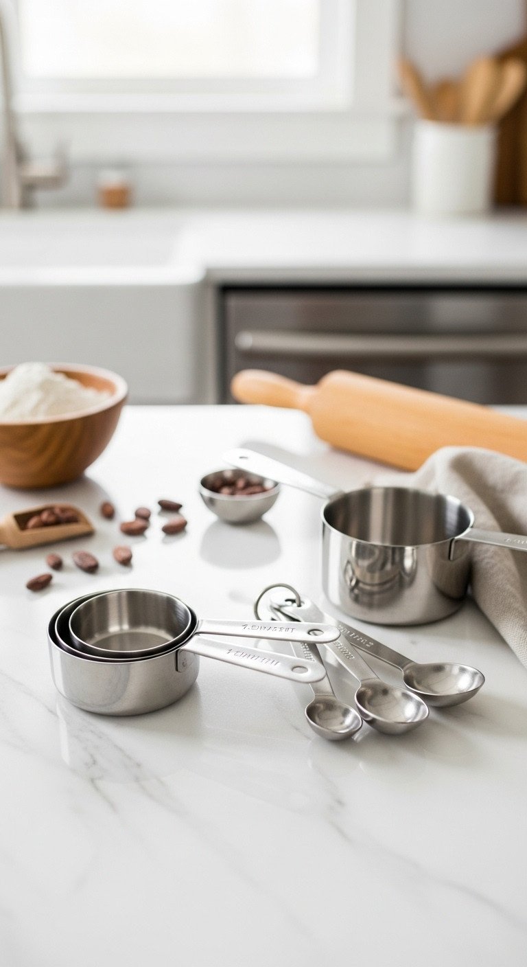 Stainless steel measuring cup and spoon set on marble kitchen counter with baking ingredients
