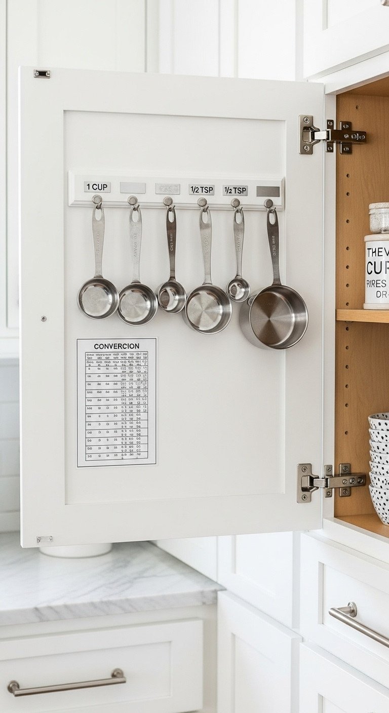 Stainless steel measuring cups and spoons hanging on hooks inside a white kitchen cabinet door with a conversion chart decal