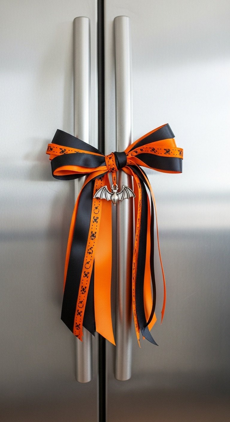 Stainless steel refrigerator handle with black and orange ribbon bow and silver bat charm