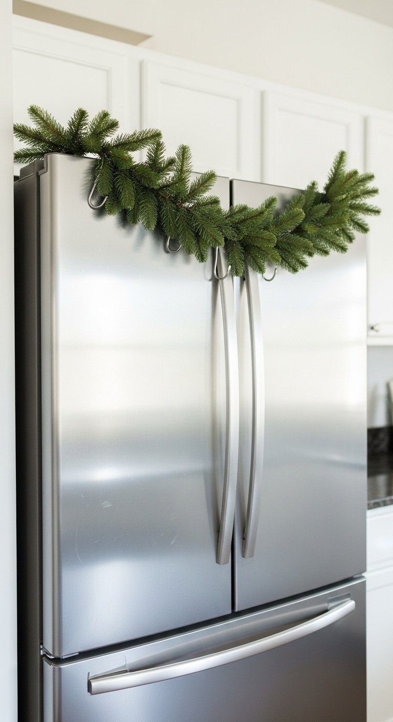 Stainless steel refrigerator topped with lush faux pine garland and magnetic hooks. Bright kitchen decor for holidays.