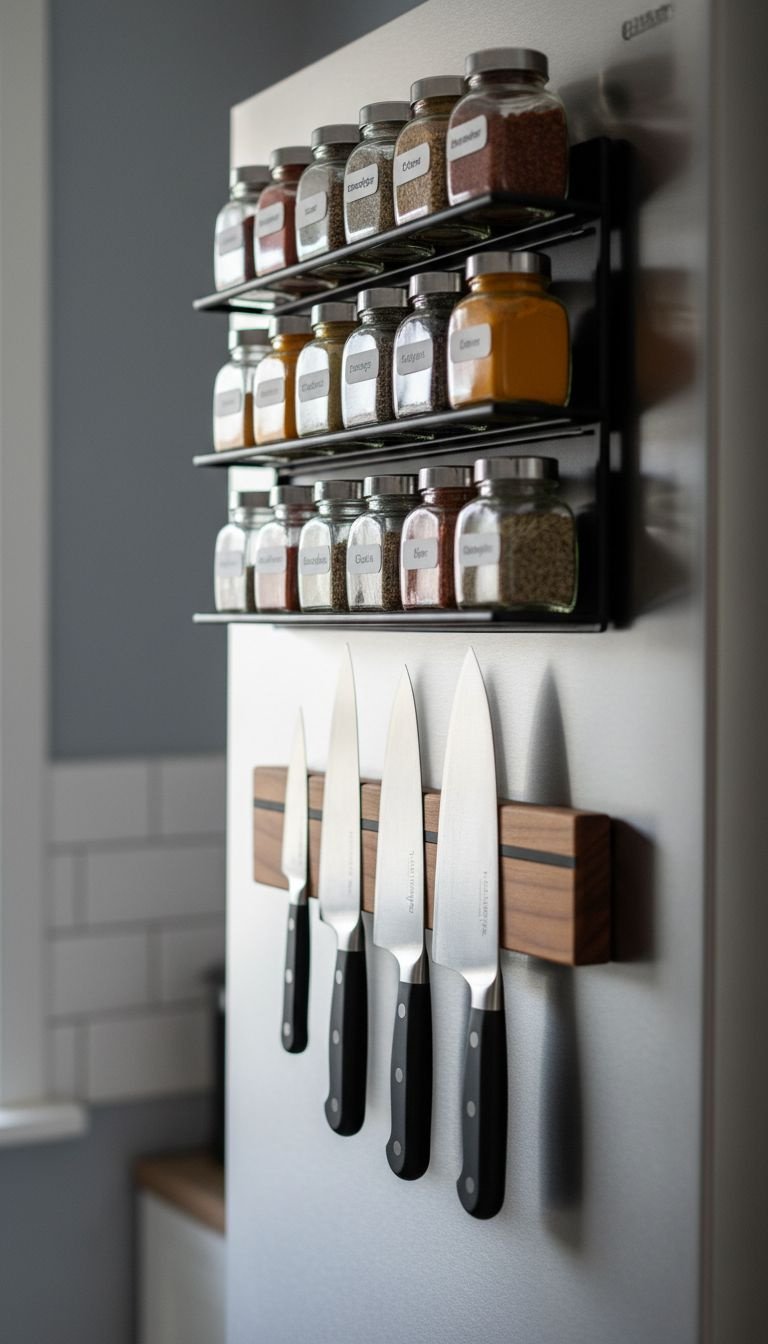 Stainless steel refrigerator with magnetic spice rack (jars) and wooden knife strip (knives). Optimized kitchen storage.