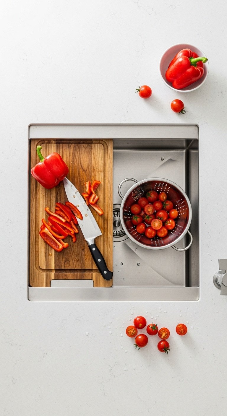 11 Brilliant Apartment Kitchen Layout Ideas For Small Spaces 13 Stainless steel workstation sink with wood cutting board, red peppers, and colander with tomatoes. High-end kitchen.
