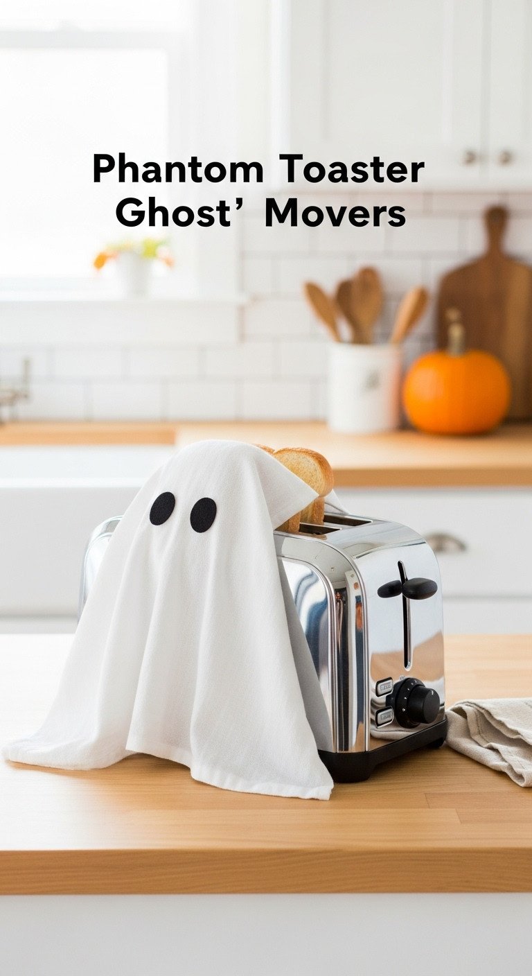 Standard chrome toaster covered with white cloth and felt eyes resembling a cute ghost