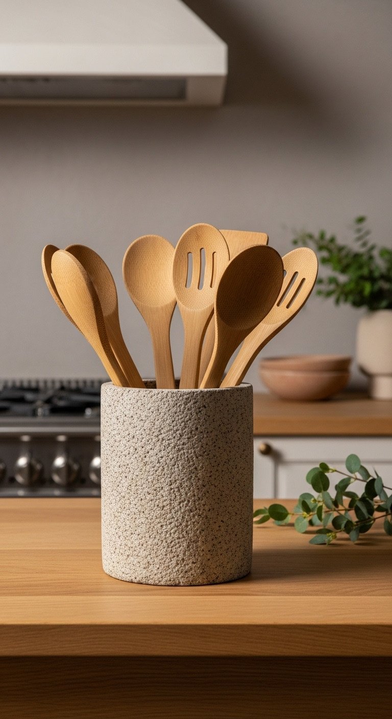 Stone utensil holder with bamboo cooking spoons on a light oak countertop