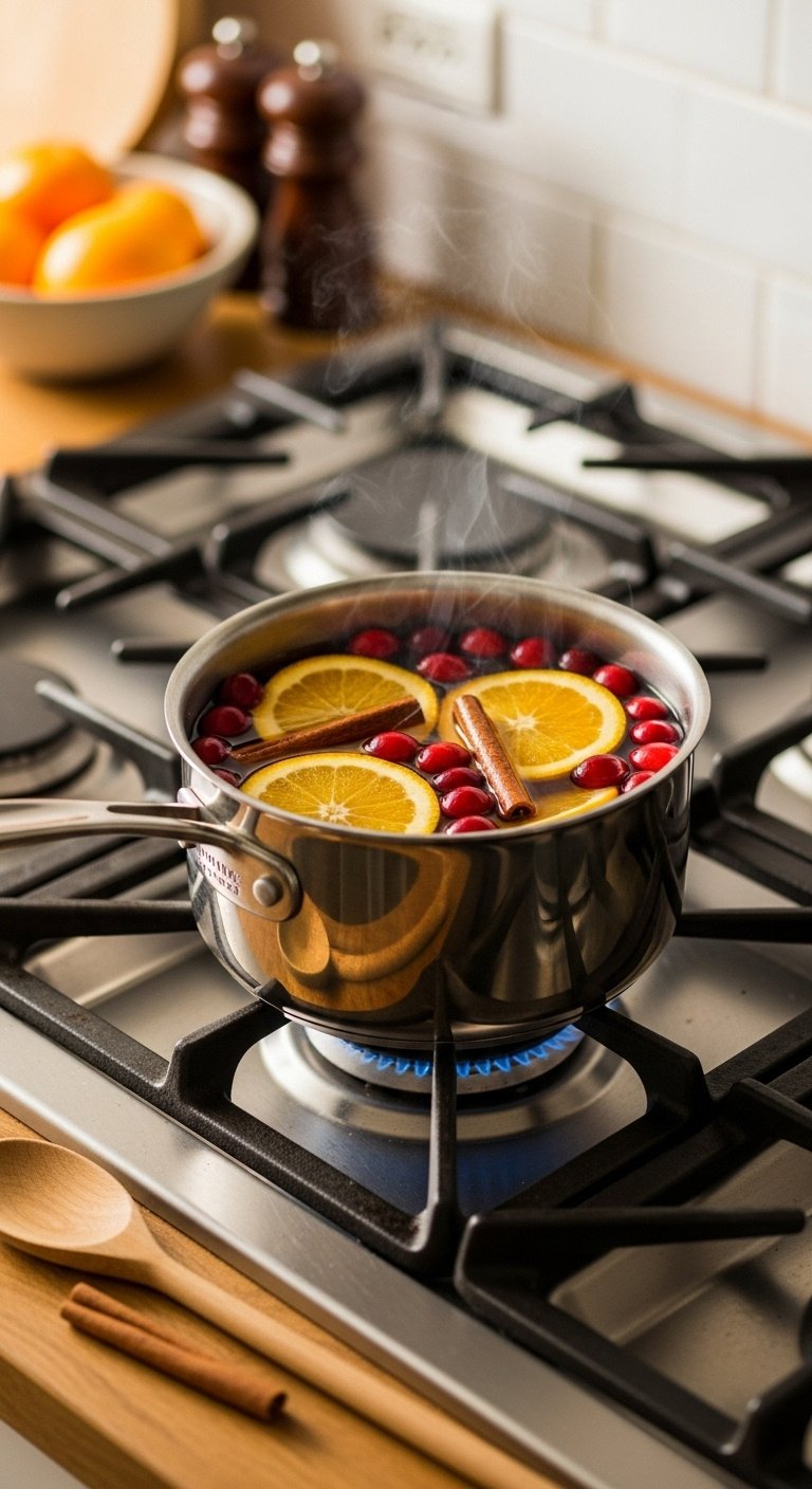 11 Cozy Christmas Kitchen Ideas That Feel Truly Magical 6 Stovetop simmer pot with orange slices, cranberries, cinnamon sticks on gas stove. Homey kitchen scent, wooden spoon, steam rising.