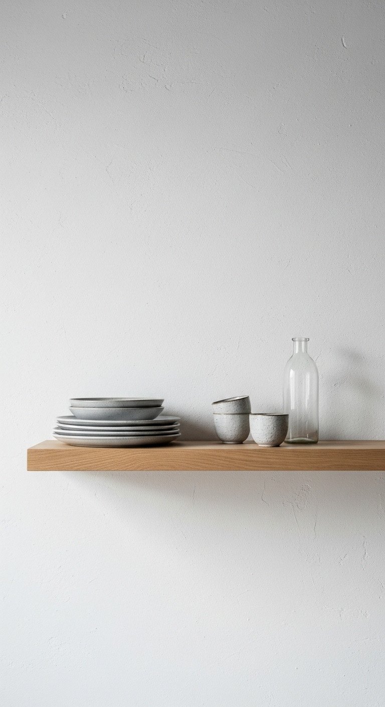 Strategically placed light oak floating shelf with stoneware plates tea cups and glass bottle on plaster wall