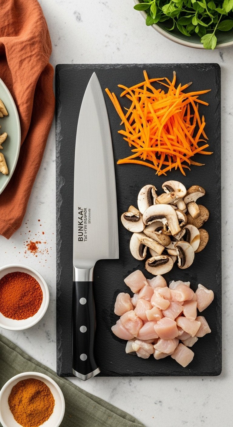 Striking Bunka knife with angular k-tip next to julienned carrots sliced mushrooms and diced chicken on a dark slate board with spices and herbs