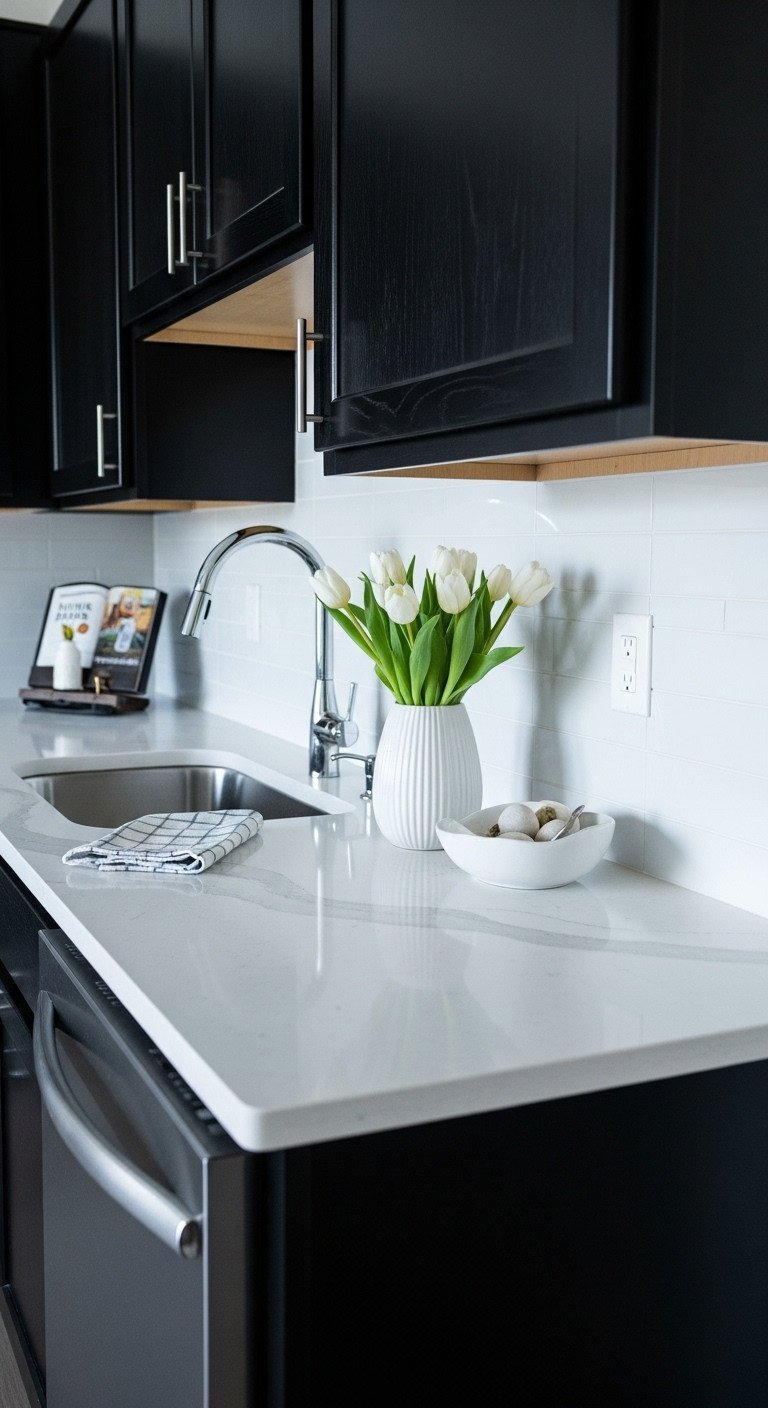 Stunning apartment kitchen: black shaker cabinets with crisp white quartz countertop. Features chrome faucet, white tulips.