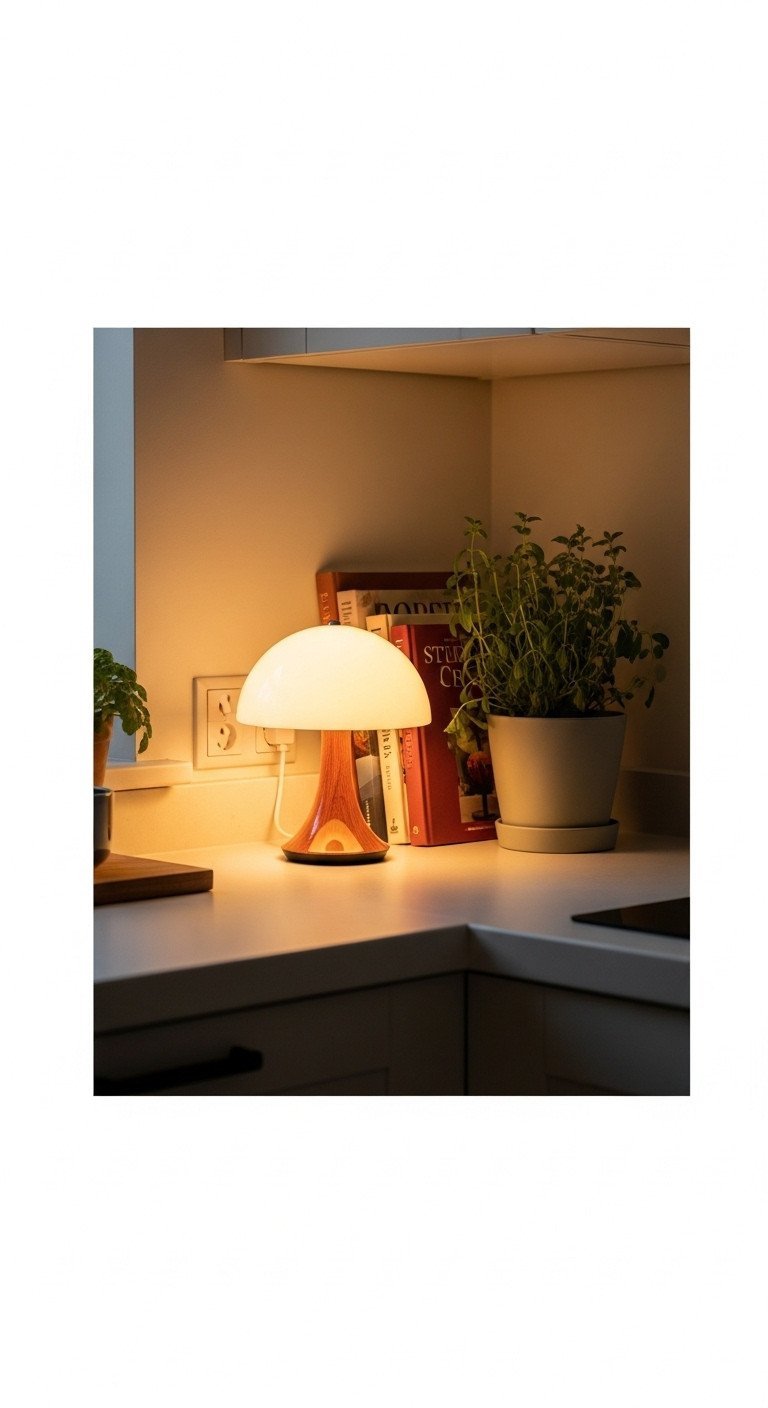 Styled kitchen counter with small mushroom-shaped table lamp casting warm light. Cookbooks, potted herb. Cozy home decor lighting idea.