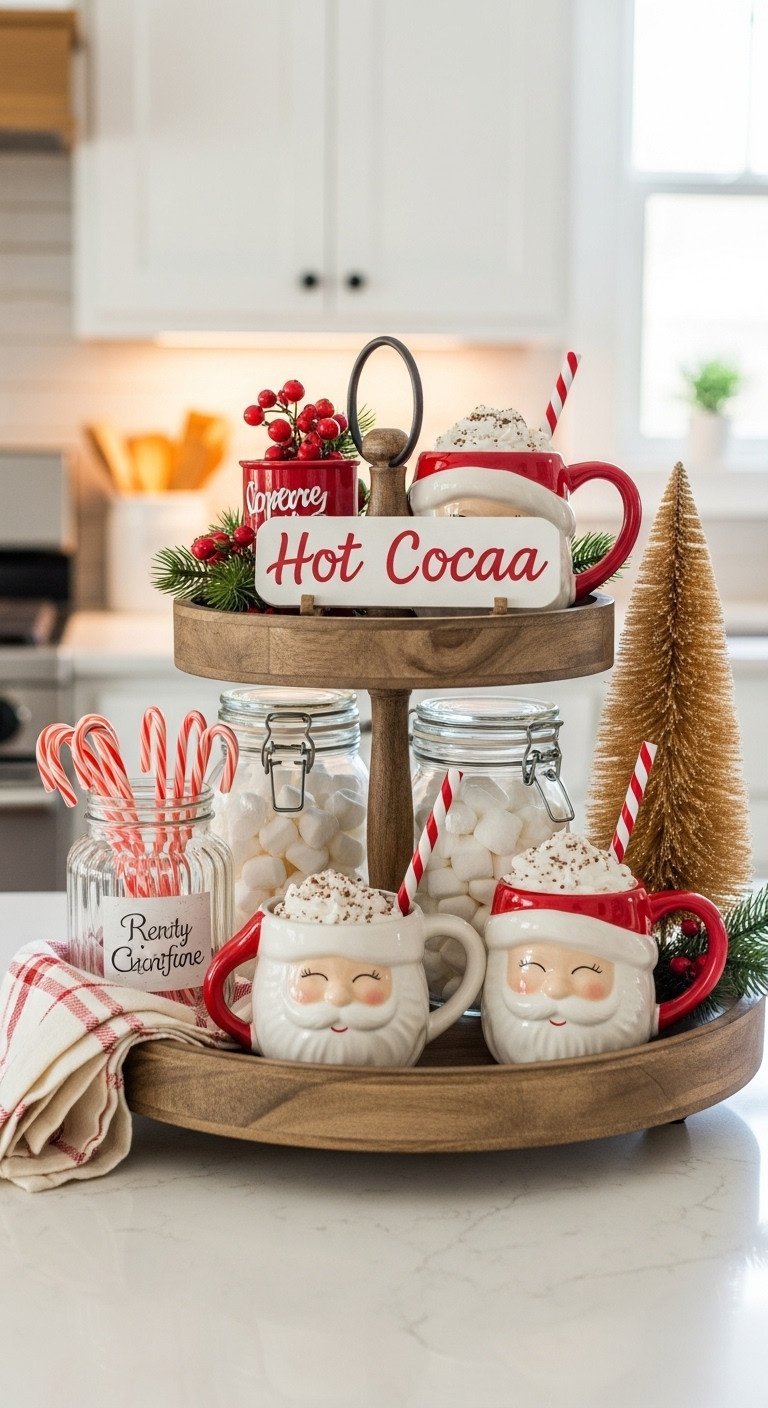 Styled two-tiered wooden tray hot cocoa bar with Santa mugs marshmallows candy canes and a bottlebrush tree