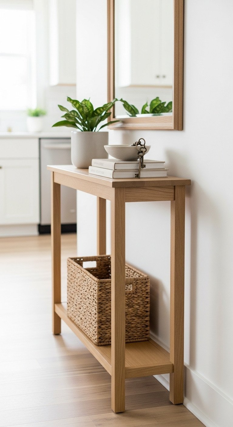 Styled ultra-slim light oak entryway console table for small apartments. Features ceramic bowl with keys, books, succulent, woven basket.