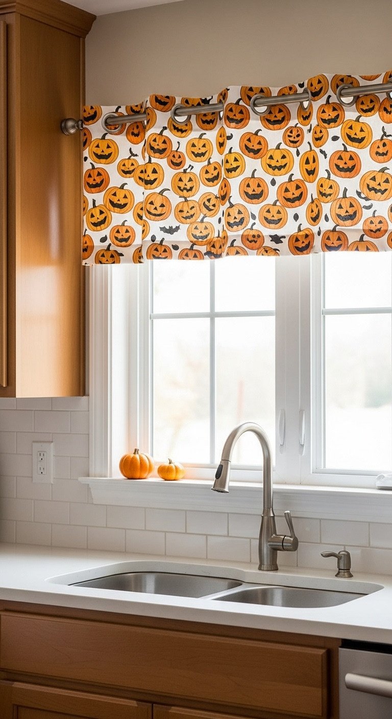 Stylish Halloween themed window valance with a Jack-o'-lantern print on a brushed nickel curtain rod