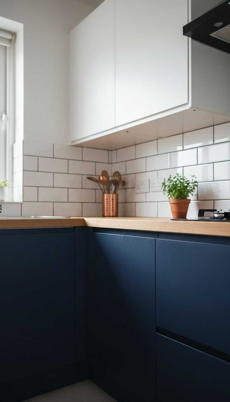 Stylish L-shaped Indian kitchen with navy base, white upper cabinets, warm wood butcher block counter. Small apartment design.