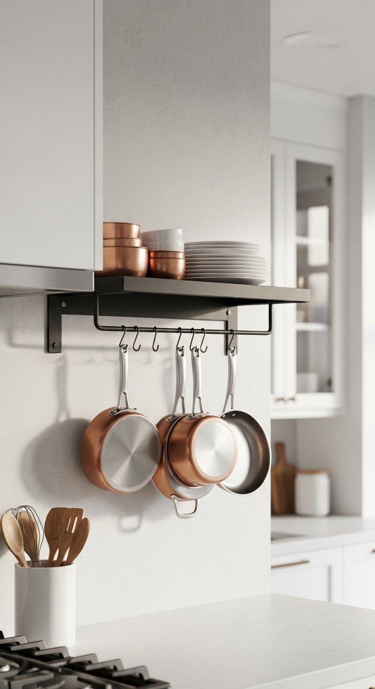 Stylish NYC kitchen featuring a matte black wall-mounted pot rack, stainless steel and copper pans, organized storage.