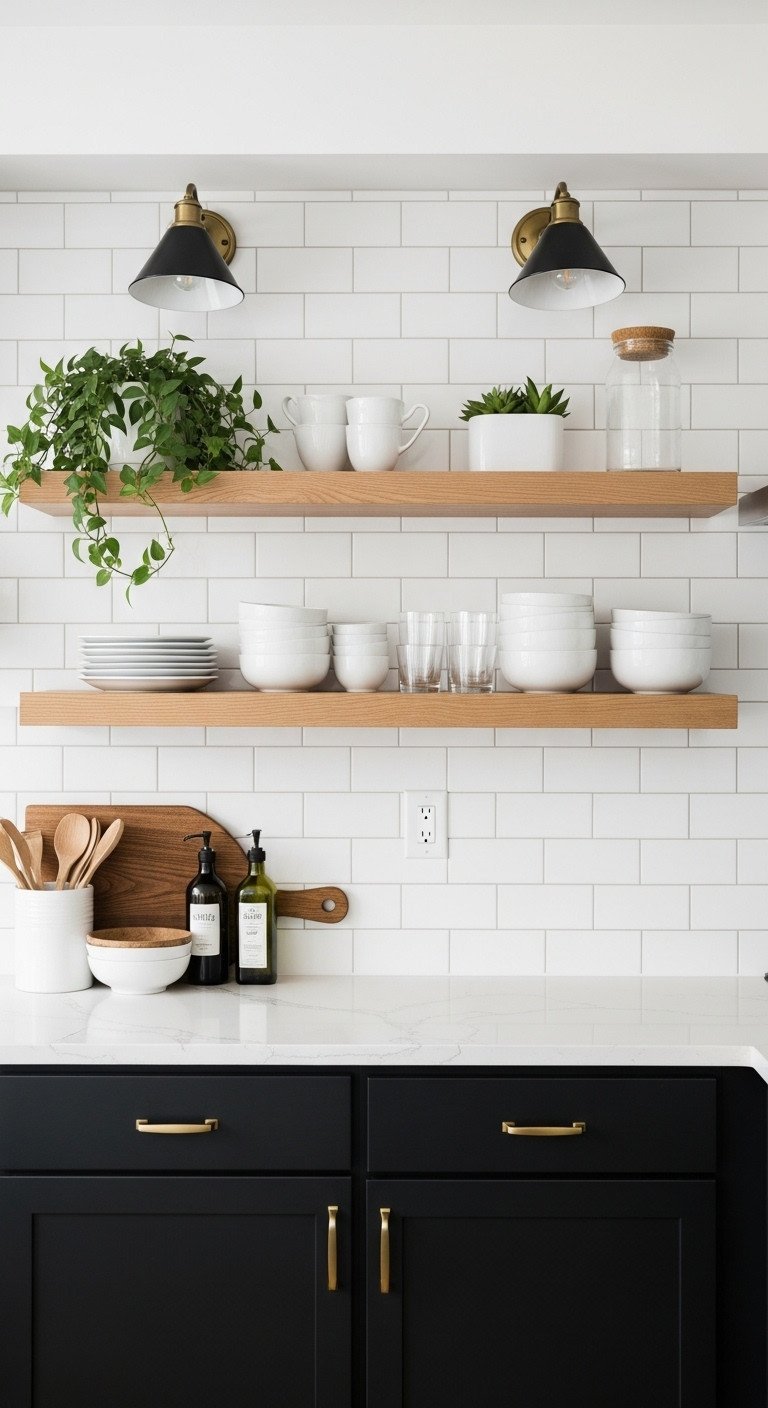 Stylish apartment kitchen: matte black lower cabinets, natural wood floating shelves, white subway tile. Organized dishes, succulent.
