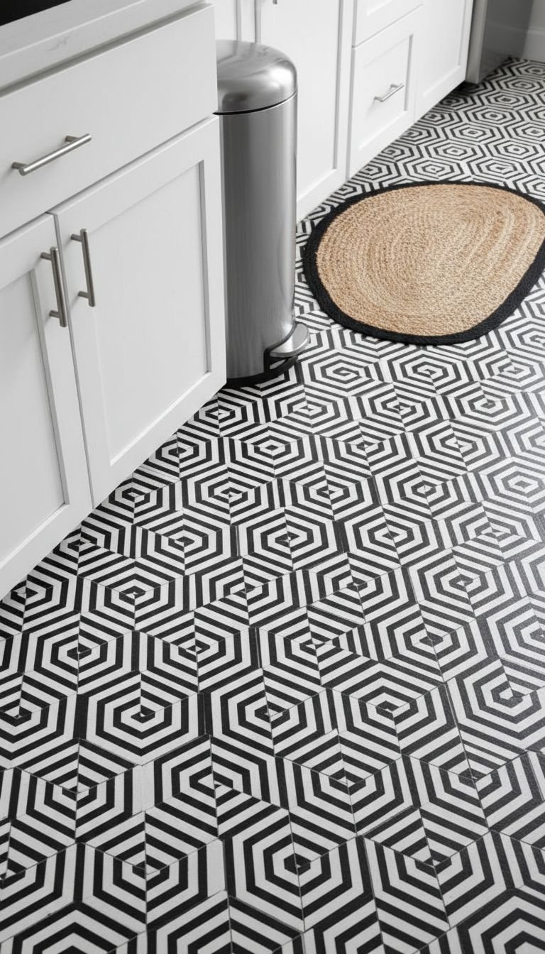 Brilliant Budget Apartment Kitchen Ideas That Look Expensive 17 Stylish black and white geometric peel-and-stick vinyl floor tiles. Bold, modern DIY kitchen flooring for a chic space.