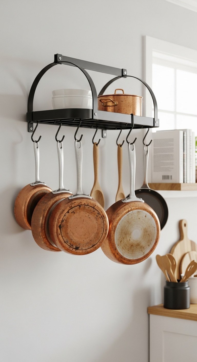 Stylish black metal pot rack mounted on a light gray kitchen wall with copper pots, pans, and wooden utensils hanging