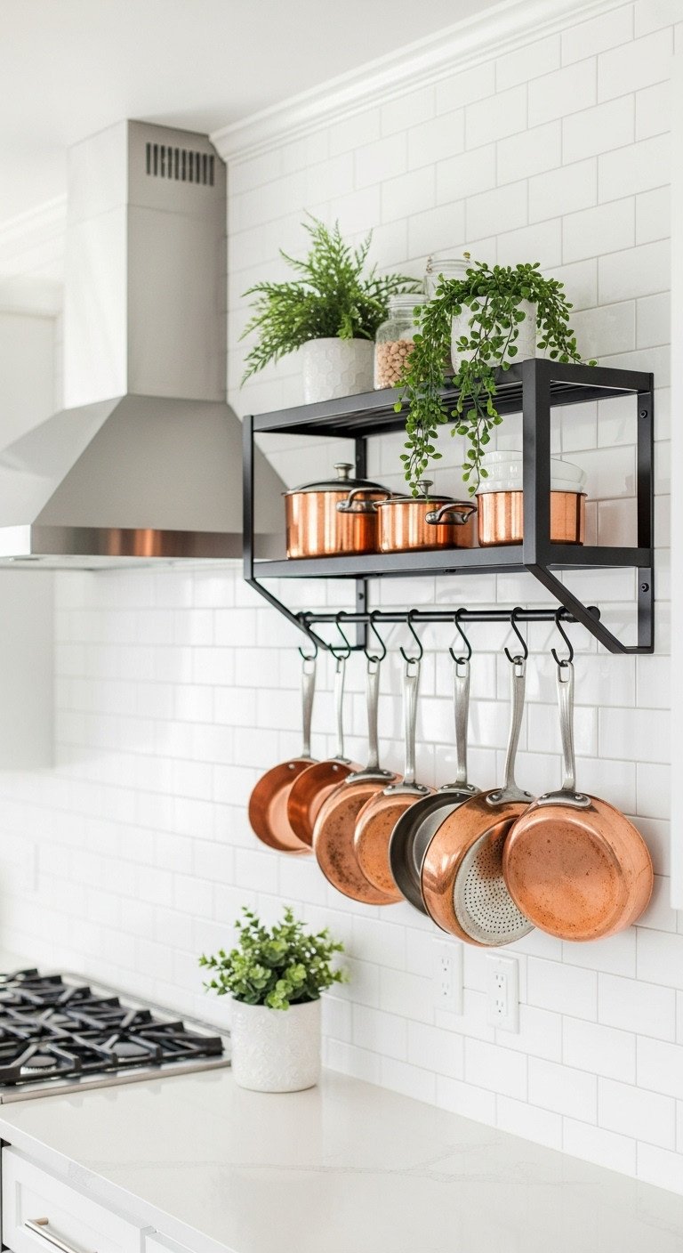 Stylish black metal wall mounted pot rack with copper pots and pans, small plants, on a white subway tile wall