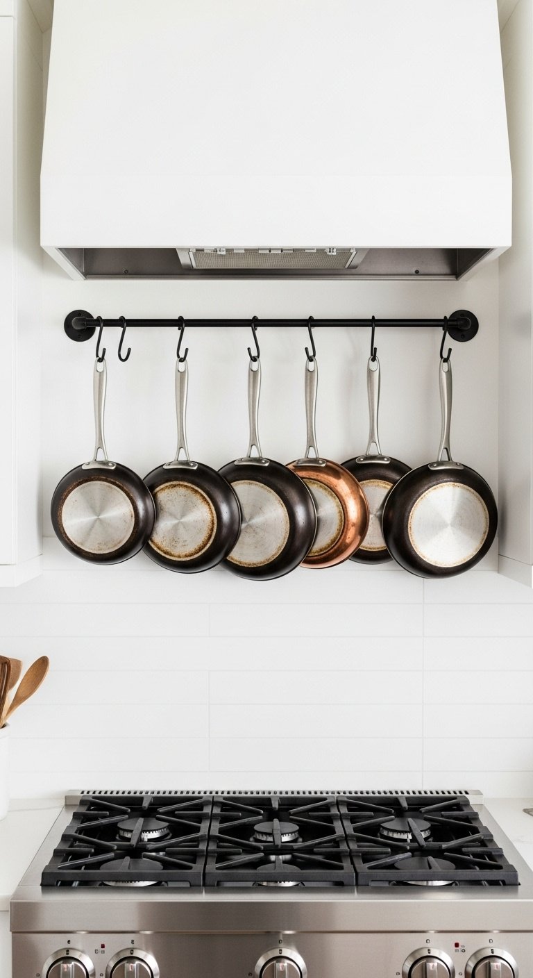 13 Brilliant Galley Kitchen Ideas To Maximize Your Space 19 Stylish black metal wall-mounted pot rack with stainless steel & copper pans above stove in organized galley kitchen.