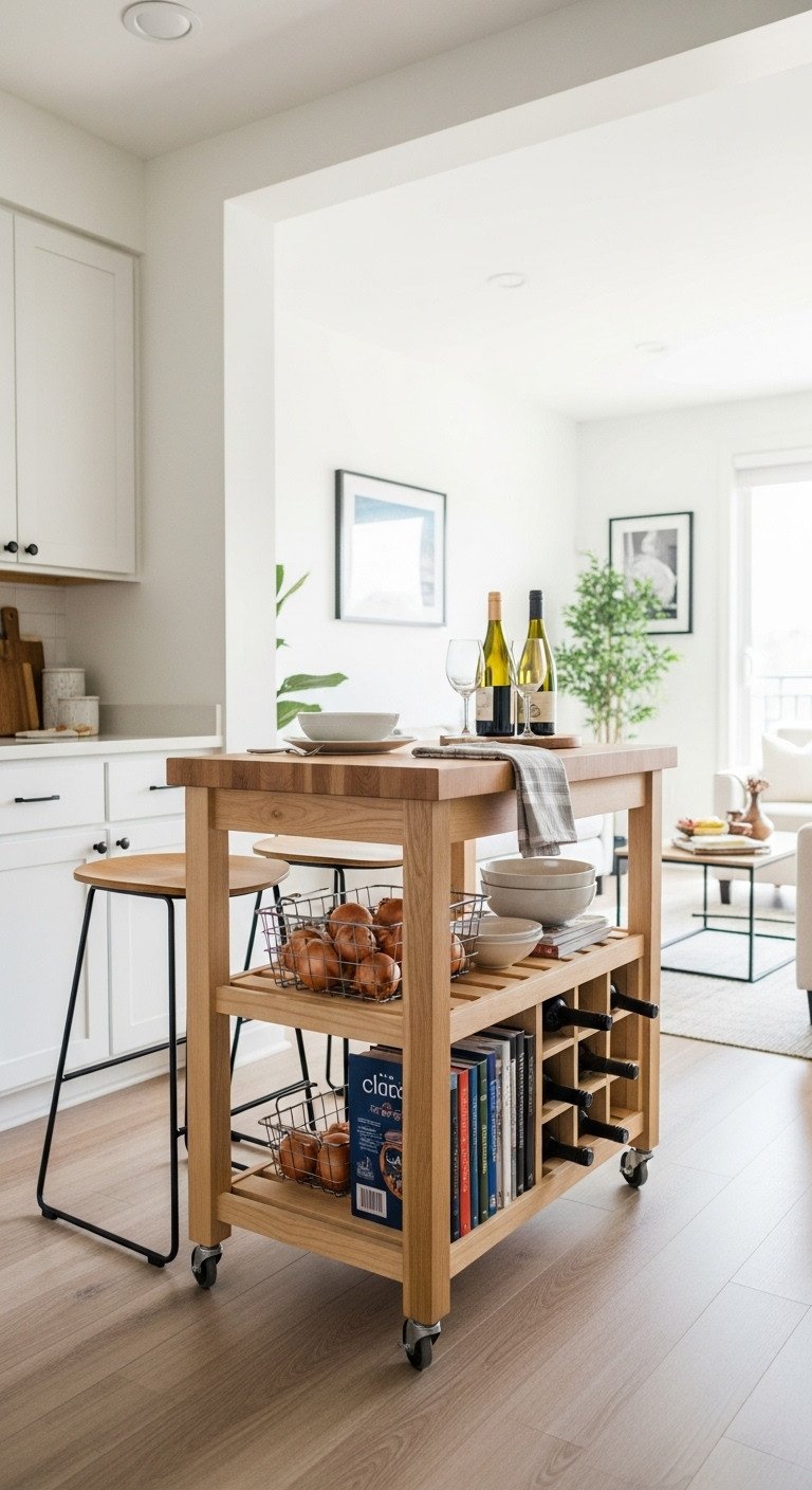 Stylish compact rolling kitchen island with butcher block top, cookbooks, wine rack, and minimalist bar stools in a modern apartment kitchen