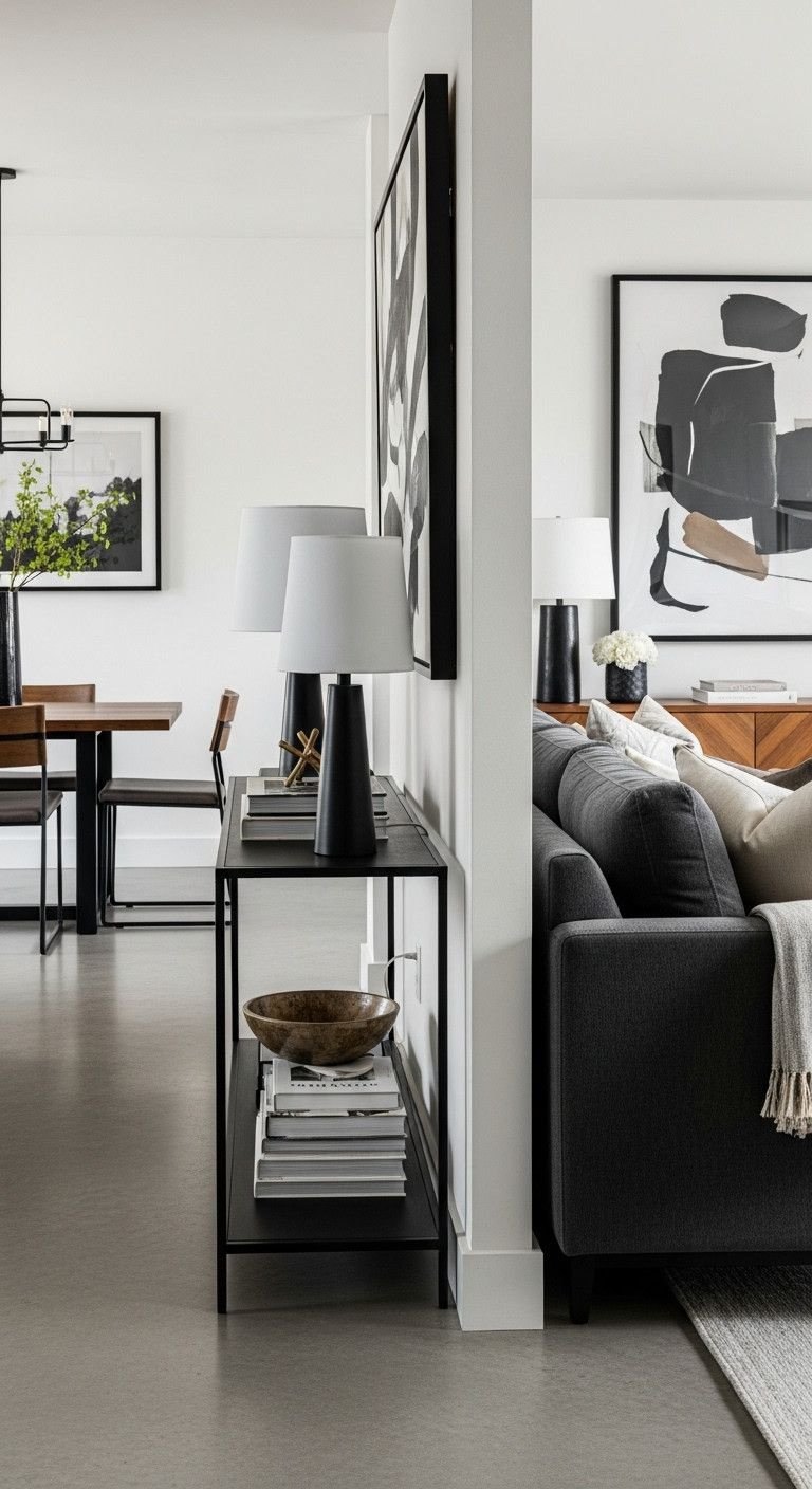 13 Genius Open Concept Apartment Ideas To Create Perfect Flow 3 Stylish console table behind charcoal gray sofa. Modern open concept apartment, minimalist lamps, abstract art, polished concrete.