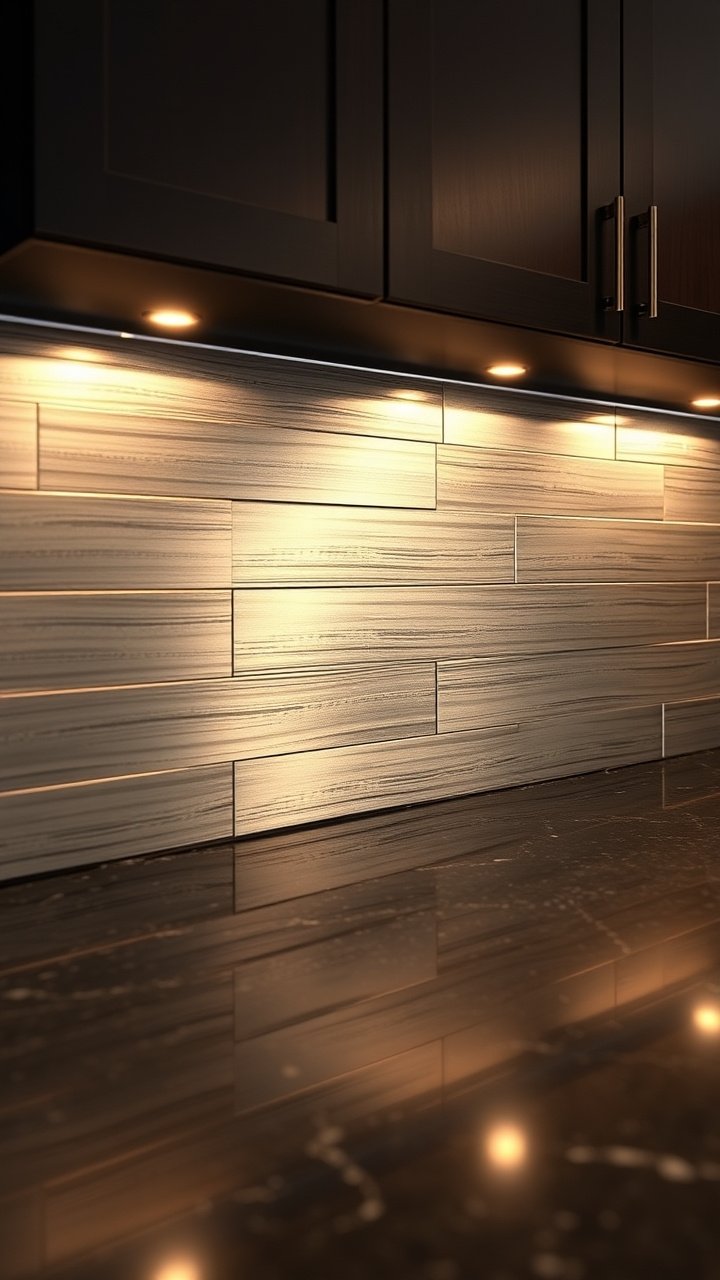 Stylish faux Carrara marble contact paper backsplash in a modern kitchen, with white and grey tones over a dark counter.