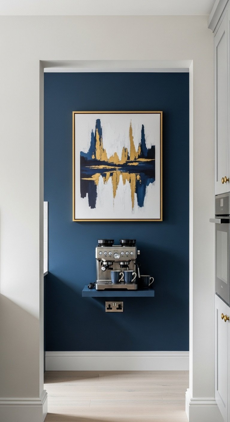 13 Brilliant Galley Kitchen Ideas To Maximize Your Space 7 Stylish galley kitchen end wall with deep navy blue paint, modern abstract art, and a floating shelf with a coffee machine.