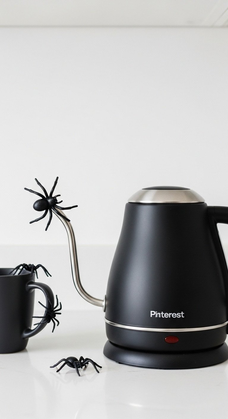 Stylish gooseneck electric kettle with a realistic plastic spider crawling out of its spout