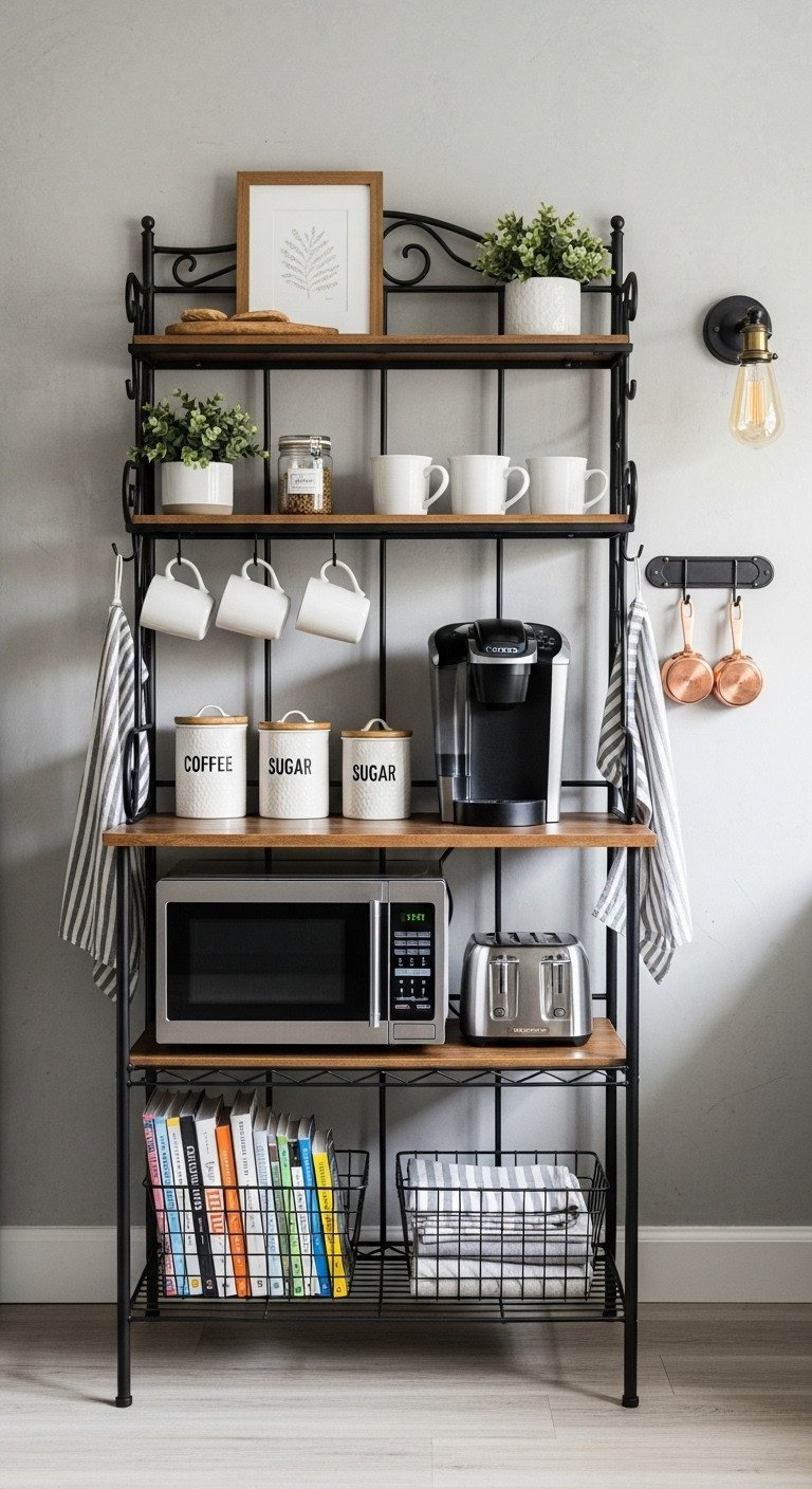 Stylish industrial baker's rack in kitchen with coffee maker, microwave, and cookbooks. Black metal, warm wood, gray wall.