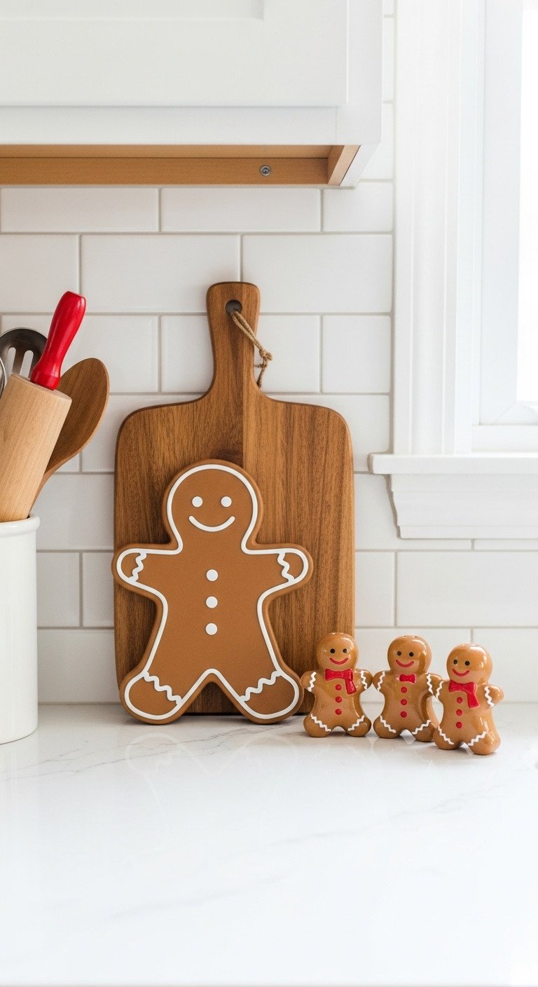 Stylish kitchen functional decor with gingerbread man cutting board and salt pepper shakers