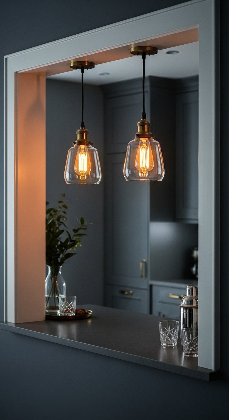 Stylish kitchen pass-through with pendant lights, Edison bulbs, over charcoal counter. Cocktail shaker, glasses. DIY home bar accent.
