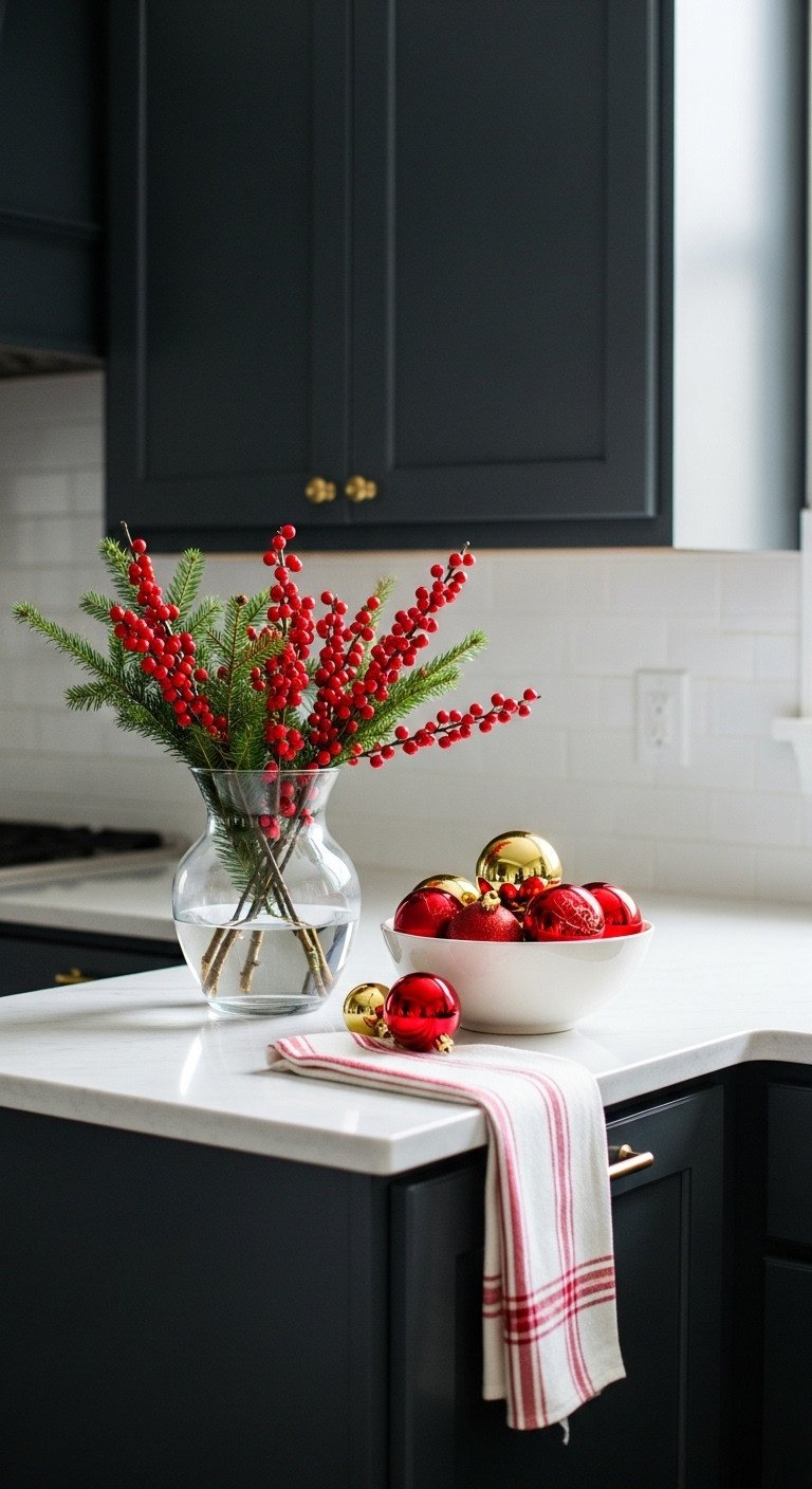 Stylish kitchen with dark gray cabinets featuring a clear vase with red holly berries and a bowl of gold and red ornaments on marble countertop