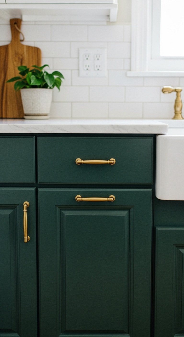 11 Colorful Apartment Kitchen Ideas To Add Personality 1 Stylish kitchen with deep emerald green lower cabinets, white marble countertop, brass hardware, potted plant, and wooden board, perfect for home decor DIY inspiration.