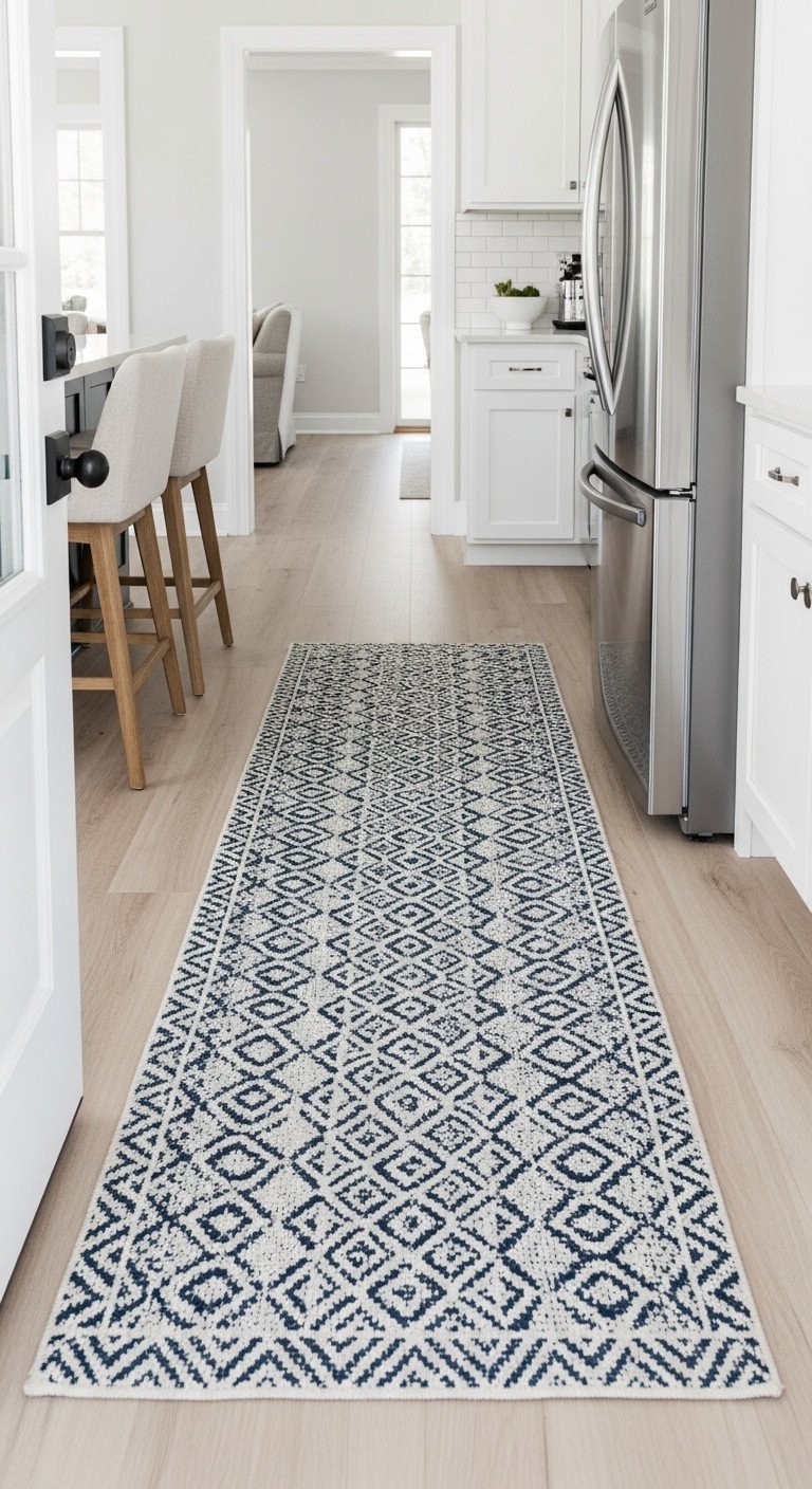 Stylish navy and cream geometric runner rug defining entryway to kitchen on light oak LVP floor. Washable design.