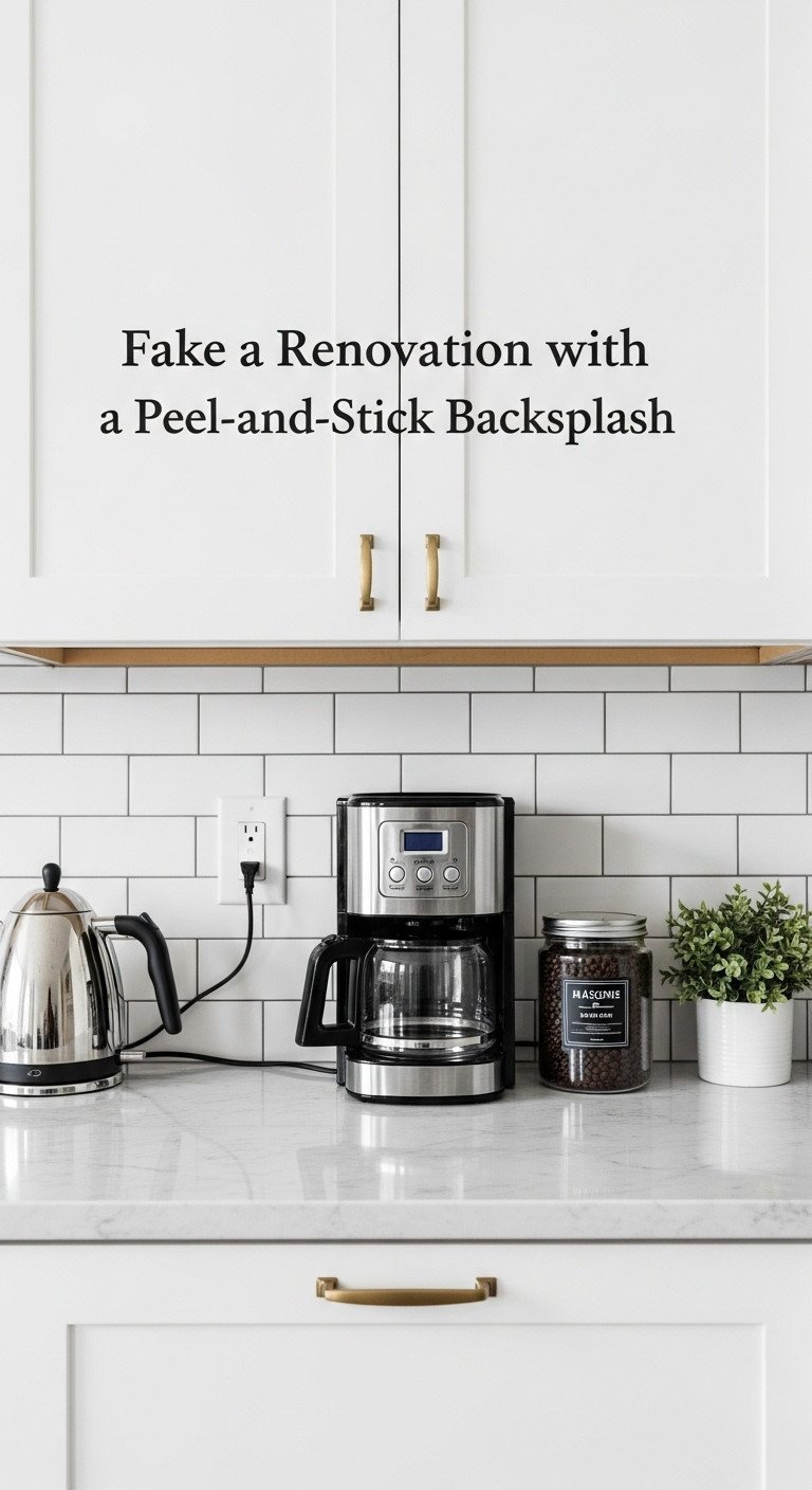 Stylish peel and stick subway tile backsplash behind a modern coffee maker, canister, gooseneck kettle, and green plant on marble counter