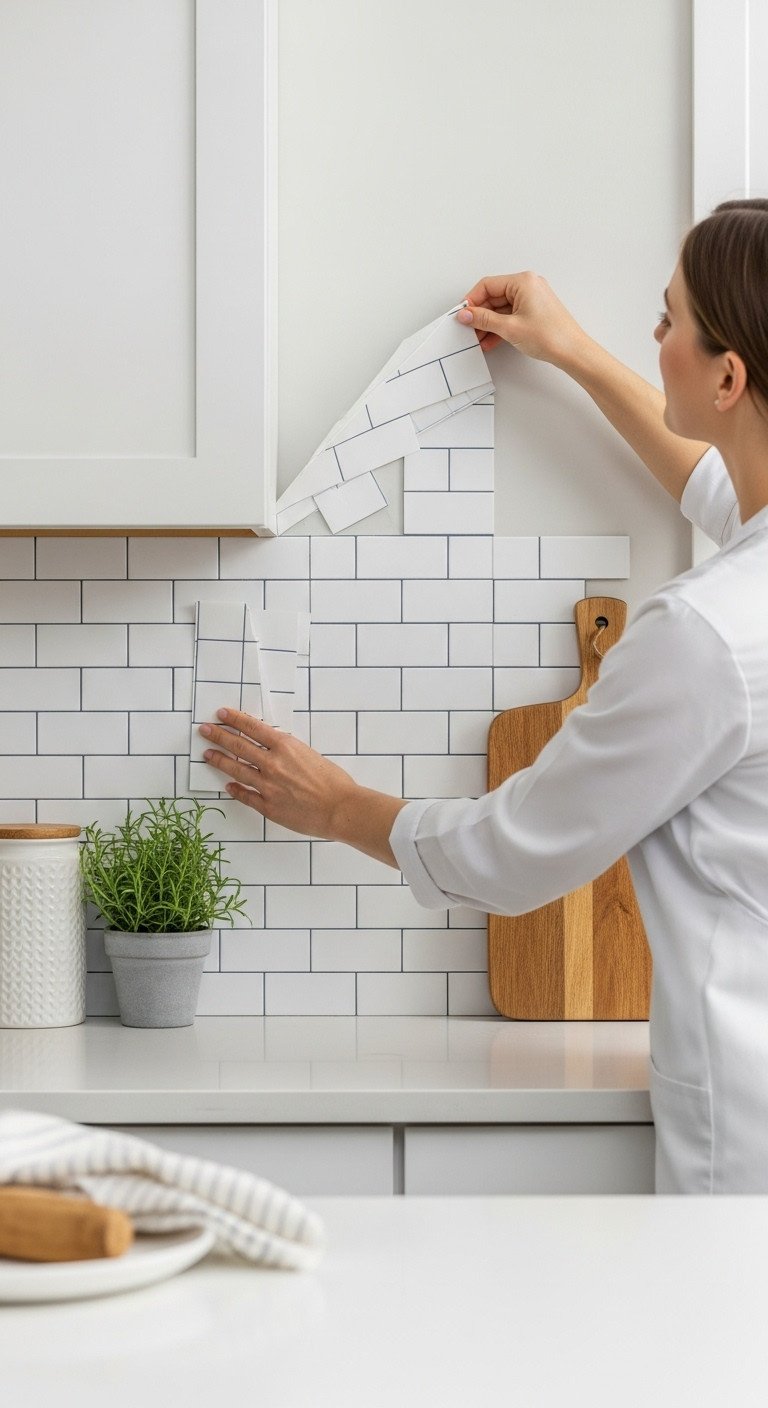 Stylish peel and stick subway tile backsplash being applied to a kitchen wall with potted herb and wooden cutting board on countertop